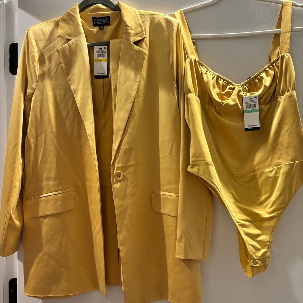 Danielle Bernstein, yellow/gold silky blazer + leotard
